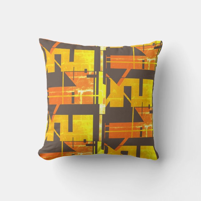 Geel Sinaasappel Donkerbruin Patroon Grote Tegels Kussen (Voorkant)