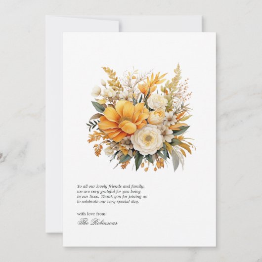 Geel, Sinaasappel en Ivoor Bloemen Bruiloft Bedankkaart (Achterkant)