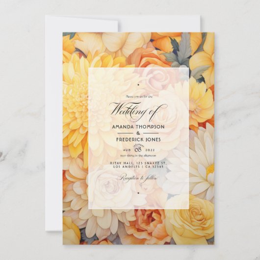 Geel, Sinaasappel en Ivoor Bloemen Bruiloft Kaart (Voorkant)