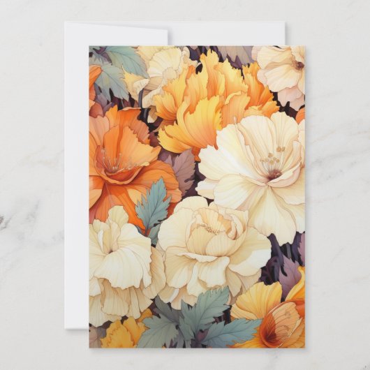 Geel, Sinaasappel en Ivoor Bloemen Bruiloft Kaart (Achterkant)