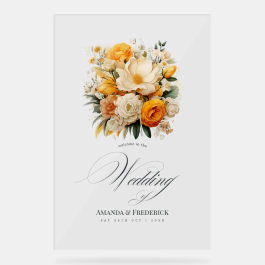 Geel, Sinaasappel en ivoor bloemenbruiloft welkom Acryl Bord (Voorkant)