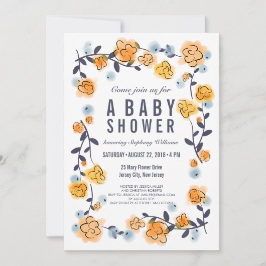 Geel Sinaasappel Floral Baby shower Invite Girl Kaart (Voorkant)