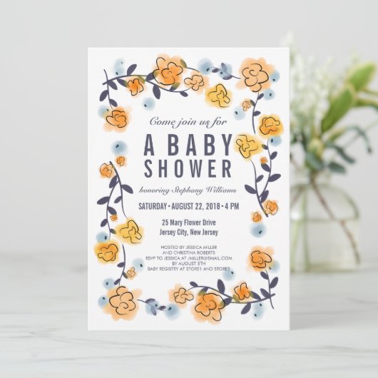 Geel Sinaasappel Floral Baby shower Invite Girl Kaart (Staand voorkant)