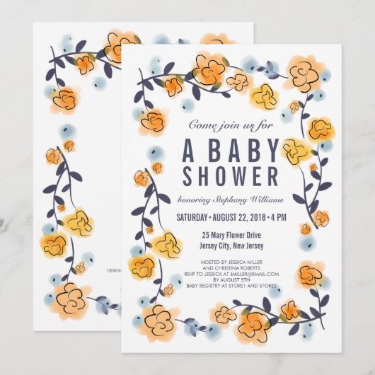 Geel Sinaasappel Floral Baby shower Invite Girl Kaart (Voorkant / Achterkant)