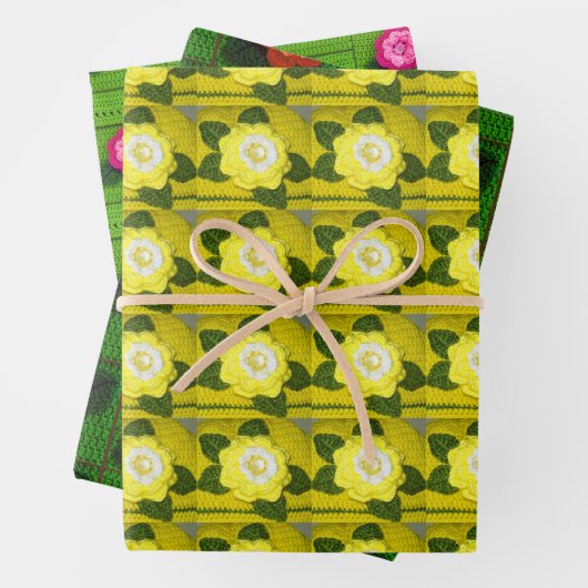 Geel Sinaasappel Groen Bloemen Artisan Haakprint Inpakpapier Vel (In situ)