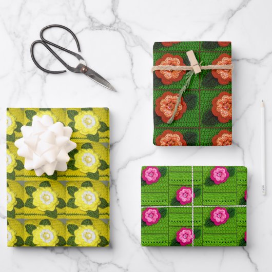 Geel Sinaasappel Groen Bloemen Artisan Haakprint Inpakpapier Vel (Voorkant)