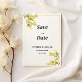 Geel sinaasappel groene lentefloemen Save the Date Kaart
