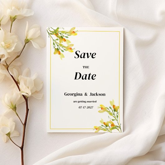 Geel sinaasappel groene lentefloemen Save the Date Kaart