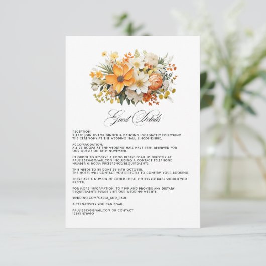 Geel Sinaasappel & Ivoor Bloemen Bruiloft Gast Det Informatiekaartje (Staand voorkant)