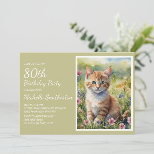 Geel Sinaasappel Kat Waterverf 80ste Verjaardag Kaart (Staand voorkant)