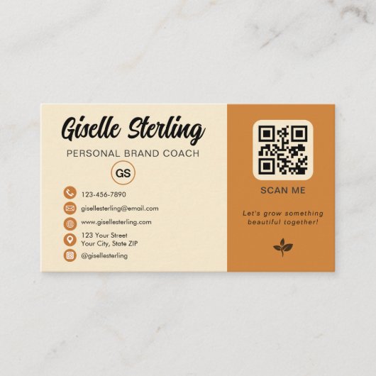 Geel Sinaasappel QR Code Foto Monogram Social Medi Visitekaartje (Voorkant)