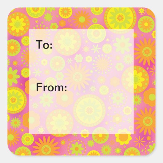 Geel Sinaasappel Roze Hippy Flower Pattern Gift La Vierkante Sticker (Voorkant)