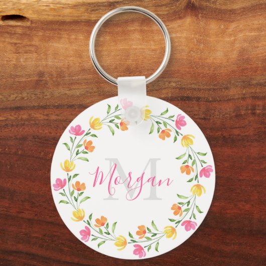 Geel Sinaasappel Roze Waterverf Bloemenkrans Sleutelhanger (Achterkant)