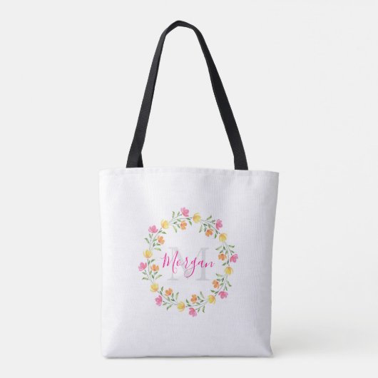 Geel Sinaasappel Roze Waterverf Bloemenkrans Tote Bag (Achterkant)