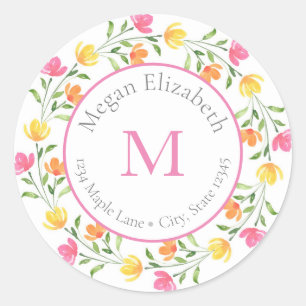 Geel Sinaasappel Roze Waterverf Floral Wreath labe Ronde Sticker