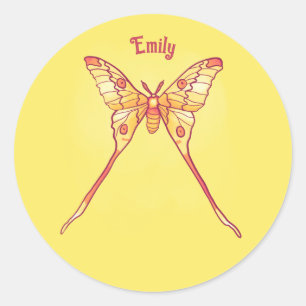 Geel Sinaasappel Vlinder Luna Moth Meisje Naam Ronde Sticker