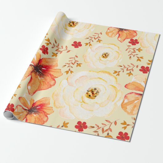 Geel Sinaasappel Waterverf Bloemen Cadeaupapier (Uitgerold)