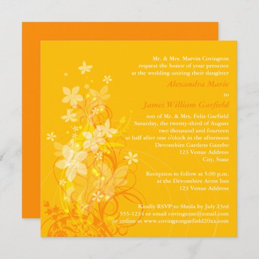 Geel, Sinaasappel, Witte Bloemen Huwelijksuitnodig Kaart (Voorkant / Achterkant)