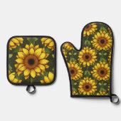 Geel Sinaasappel Zonnebloem met groen & bruin Ovenwant & Pannenlap Set (Voorkant)