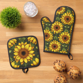 Geel Sinaasappel Zonnebloem met groen & bruin Ovenwant & Pannenlap Set