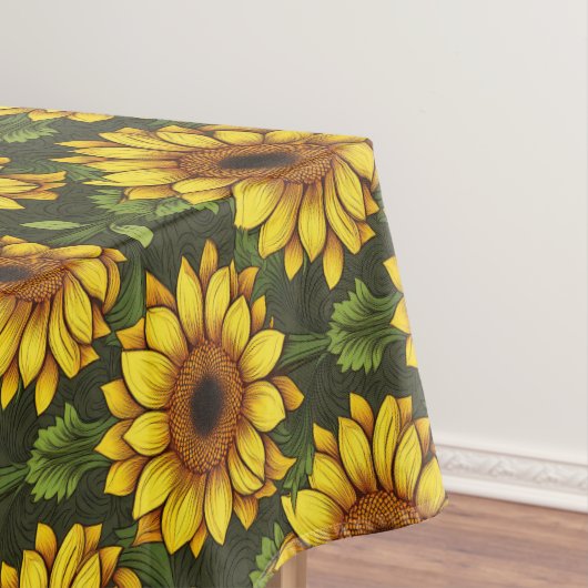 Geel Sinaasappel Zonnebloem met groen & bruin Tafelkleed (Voorbeeld)