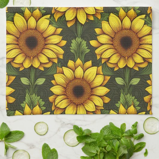 Geel Sinaasappel Zonnebloem met groen & bruin Theedoek (Gevouwen)