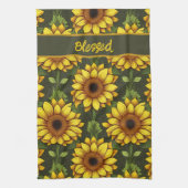 Geel Sinaasappel Zonnebloem met groen & bruin Theedoek (Verticaal)