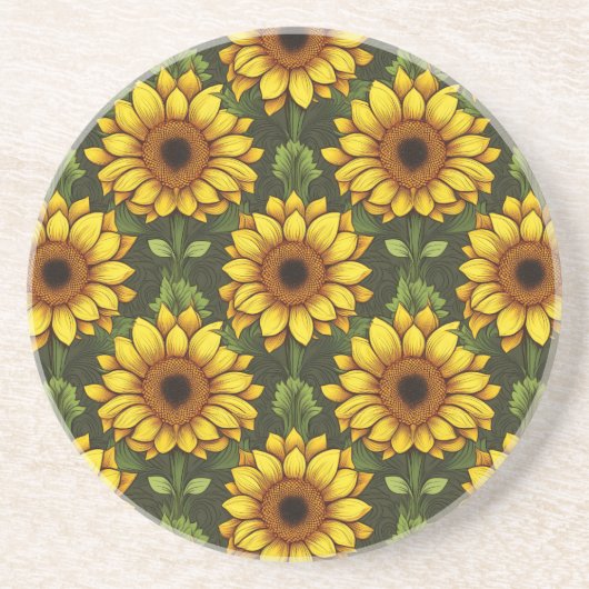 Geel Sinaasappel Zonnebloem met groen & bruin Zandsteen Onderzetter (Voorkant)