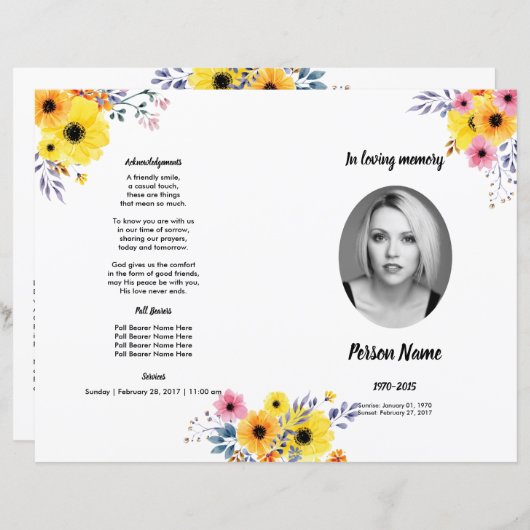 GEEL | Sjabloon van het begrafenisprogramma (Voorkant / Achterkant)