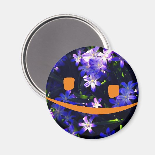 Geel Smiley Face over Blauwe Bloemen Magneet (Voorkant / Achterkant)