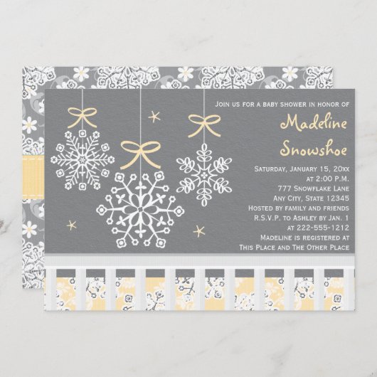 Geel Snowflake mobiel Wieg Baby shower uitnodigen Kaart (Voorkant / Achterkant)