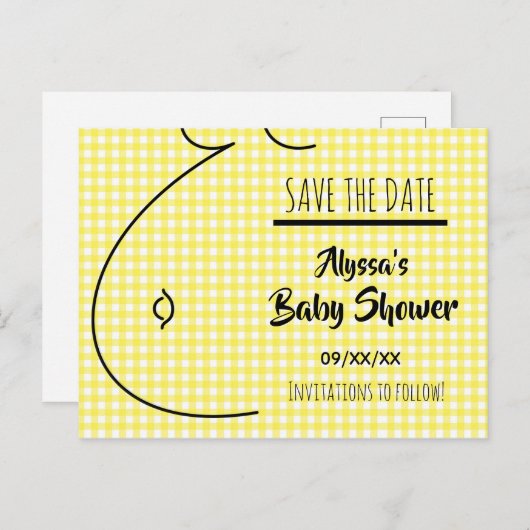 Geel speldenbult Baby shower sparen de Datum Aankondigingskaart (Voorkant / Achterkant)
