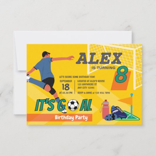 Geel Sportief Voetbal Doel Kinderen Verjaardag Kaart (Voorkant)