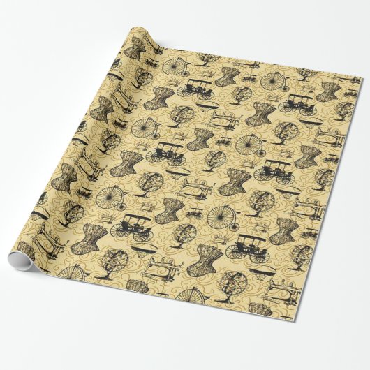 Geel steampunk Patroonpapier Cadeaupapier (Uitgerold)