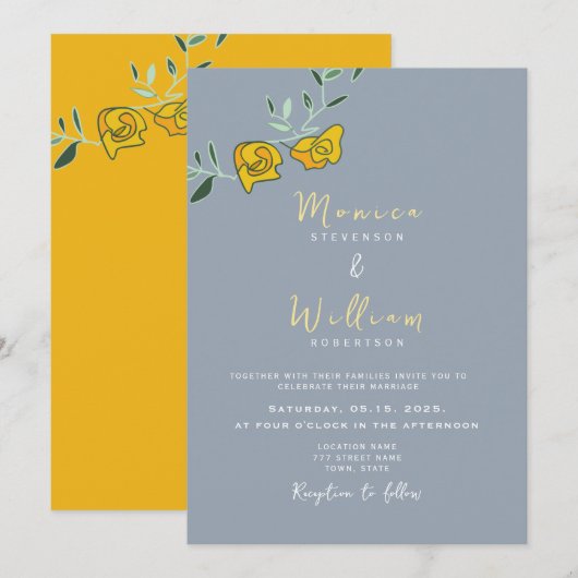 Geel Stoffig Blauw Bloemen Huwelijksuitnodiging Kaart (Voorkant / Achterkant)