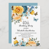 Geel Stoffig Blauw Rozen Vlinders 60e Verjaardag Kaart (Voorkant / Achterkant)