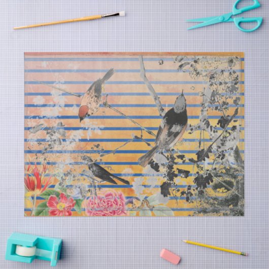 GEEL STRIPEN EN JAPANS BIRD WEEFSELPAPIER TISSUEPAPIER (Craft)