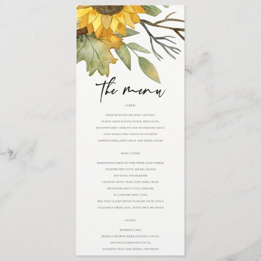 GEEL SUNFLOWER AUTUMN WATERVERF FLORAL WEDING MENU (Voorkant)