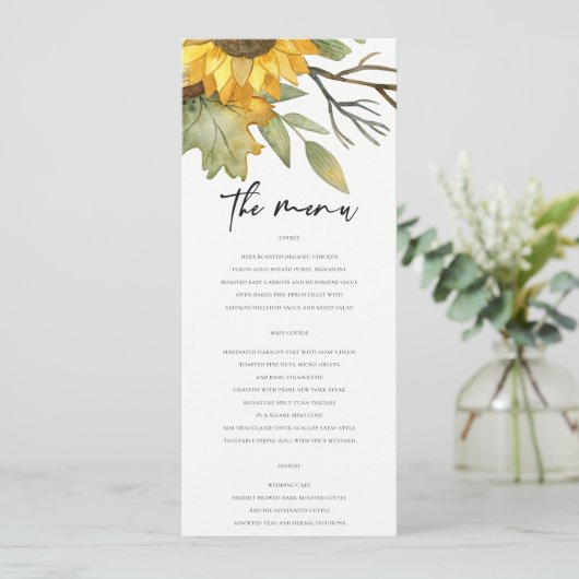 GEEL SUNFLOWER AUTUMN WATERVERF FLORAL WEDING MENU (Staand voorkant)