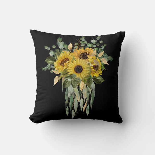 GEEL SUNFLOWER EUCALYPTUS CUSHION BLACK KUSSEN (Voorkant)