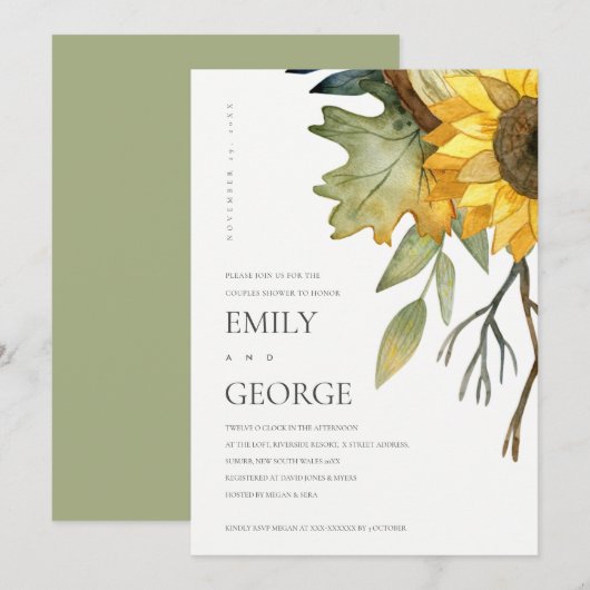 GEEL SUNFLOWER FLORAL COUPLE SHOWER-KAART BEDANKKAART (Voorkant / Achterkant)