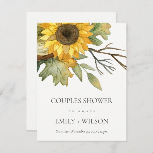 GEEL SUNFLOWER WATERVERF FLORAL COUPLY SHOWER UITNODIGING BRIEFKAART (Voorkant / Achterkant)