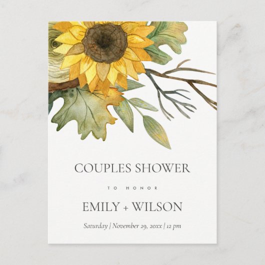 GEEL SUNFLOWER WATERVERF FLORAL COUPLY SHOWER UITNODIGING BRIEFKAART (Voorkant)