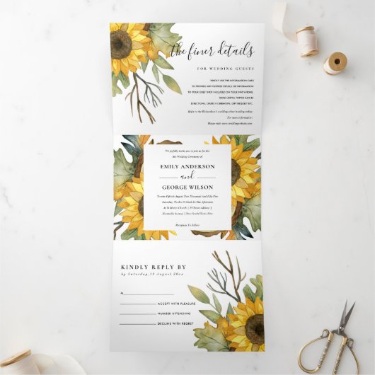 GEEL SUNFLOWER WATERVERF FLORAL WEDDING INVITE DRIELUIK UITNODIGING (Binnen)