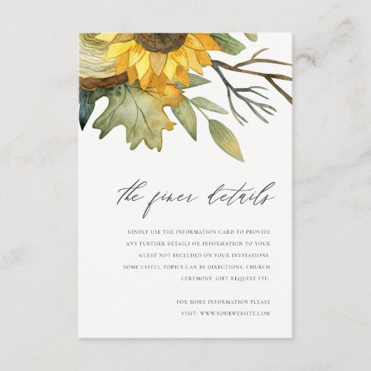 GEEL SUNFLOWER WATERVERF FLORAL WEDING DETAIL INFORMATIEKAARTJE (Voorkant)