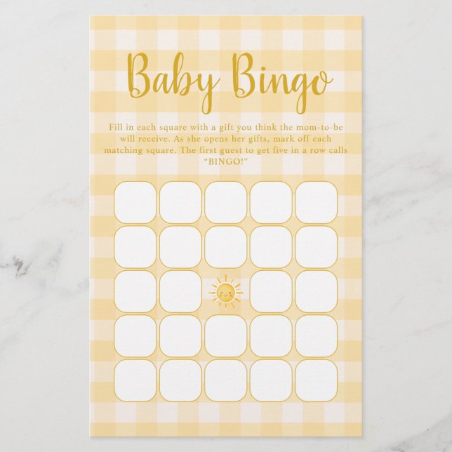 Geel Sunshine Baby Shower Bingo Spel (Voorkant)