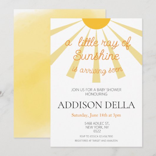 Geel Sunshine Baby shower Kaart (Voorkant / Achterkant)