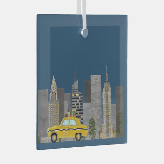 Geel Taxi in de Stad Aanpasbaar  Glas Ornament (Voorkant Rechts)