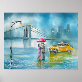 Geel taxikoppel regenachtig dag romantisch koppel poster