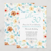 Geel Teal Bloemige Elegante Script 30e Verjaardag Kaart (Voorkant / Achterkant)